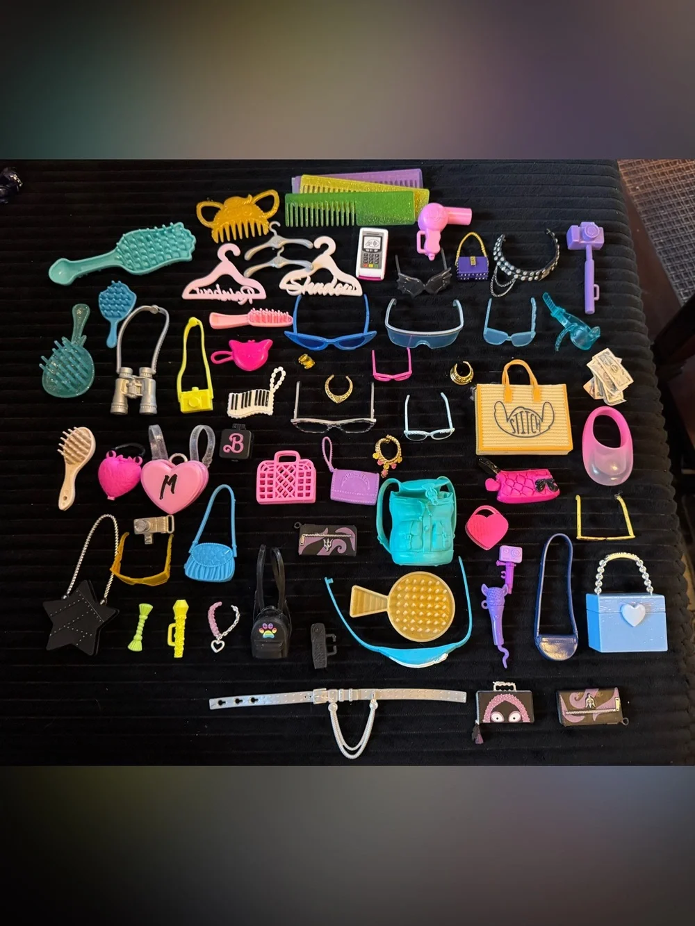 Assorted Doll Accessories Lot - Bright Teal, Pink, Yellow, Purple, Black